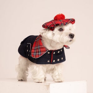 1 SET: Scottish jeans westie COAT and CAP. Scottish dog coat and cap, westie tartan jacket and hat. Tartan dog cap, jeans dog coat