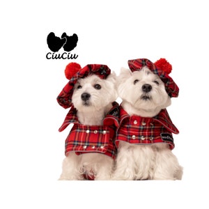 2 SETs: Westie royal Stewart red plaid COATs and CAPs. Scottish dog, warm, westie tartan jacket and hat, Tartan dog coat, christmas apparel image 2