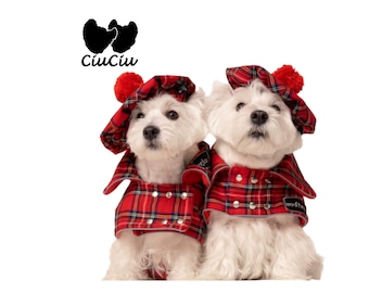 2 SETs: Westie royal Stewart red plaid COATs and CAPs. Scottish dog, warm, westie tartan jacket and hat, Tartan dog coat, christmas apparel