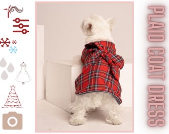 Dog Girl Warm DRESS COAT with BOW on chest |Red Plaid Westie Girl Clothes | Royal Stewart Dog coat | Dog Girl Coat | British Dog Clothes |