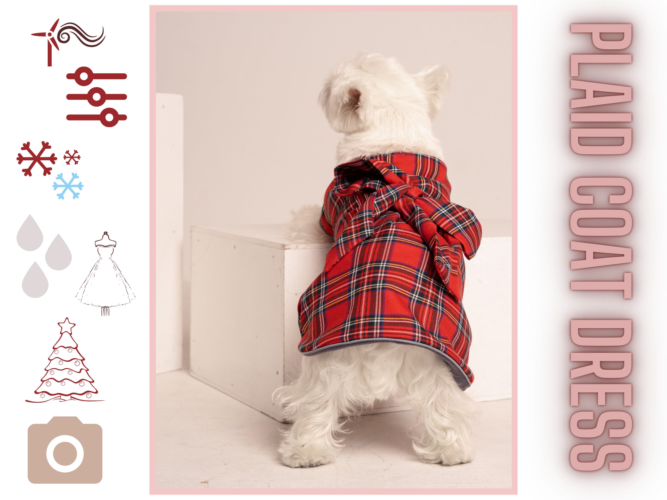 Dog Girl Warm Dress Coat avec Arc sur La Poitrine | Red Plaid Westie Vêtements Manteau Royal Stewart