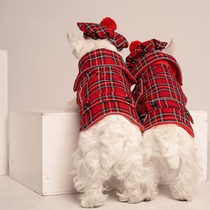 2 SETs: Westie royal Stewart red plaid COATs and CAPs. Scottish dog, warm, westie tartan jacket and hat, Tartan dog coat, christmas apparel image 7