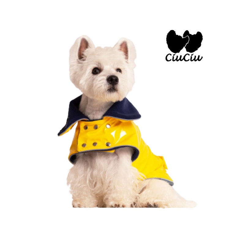 Yellow PVC Dog Coat With Reverse Navy Collar. Metal Studs. Light Reflects. Adjustable. Light or Fleece Underlayer. Small and Medium Dog Size image 3