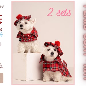 2 SETs: Westie royal Stewart red plaid COATs and CAPs. Scottish dog, warm, westie tartan jacket and hat, Tartan dog coat, christmas apparel image 1