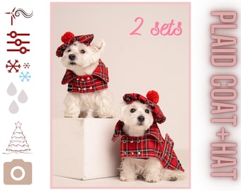 2 SETs: Westie royal Stewart red plaid COATs and CAPs. Scottish dog, warm, westie tartan jacket and hat, Tartan dog coat, christmas apparel