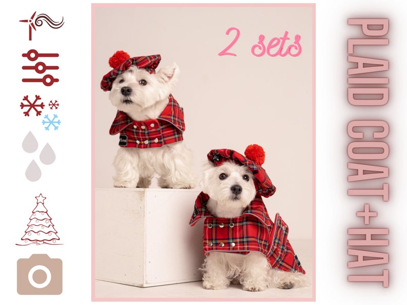 2 SETs: Westie royal Stewart red plaid COATs and CAPs. Scottish dog, warm, westie tartan jacket and hat, Tartan dog coat, christmas apparel image 1