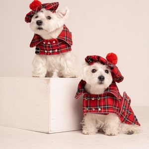 2 SETs: Westie royal Stewart red plaid COATs and CAPs. Scottish dog, warm, westie tartan jacket and hat, Tartan dog coat, christmas apparel image 6