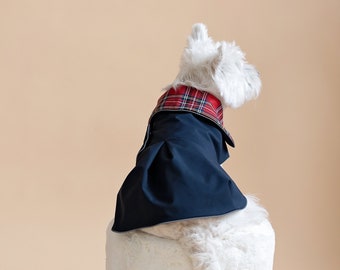 Ready to ship. Size 9. /Waterproof Dog Coat Dress With Plaid Collar. Warm Fleece or Thin Underlayer. Light Reflects. Metal Studs. Adjustable