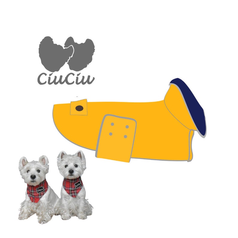 Yellow PVC Dog Coat With Reverse Navy Collar. Metal Studs. Light Reflects. Adjustable. Light or Fleece Underlayer. Small and Medium Dog Size image 5