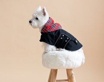 Spring Black Dog Coat With Plaid Hood | Light Reflective Trimming | Light And Waterproof |  Royal Stewart Hood |  Westie Spring Coat