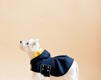 Ready to ship, size 5/ Waterproof Dog Coat Dress With Hood. Warm Fleece or Thin Underlayer. Light Reflects. Metal Studs. Adjustable