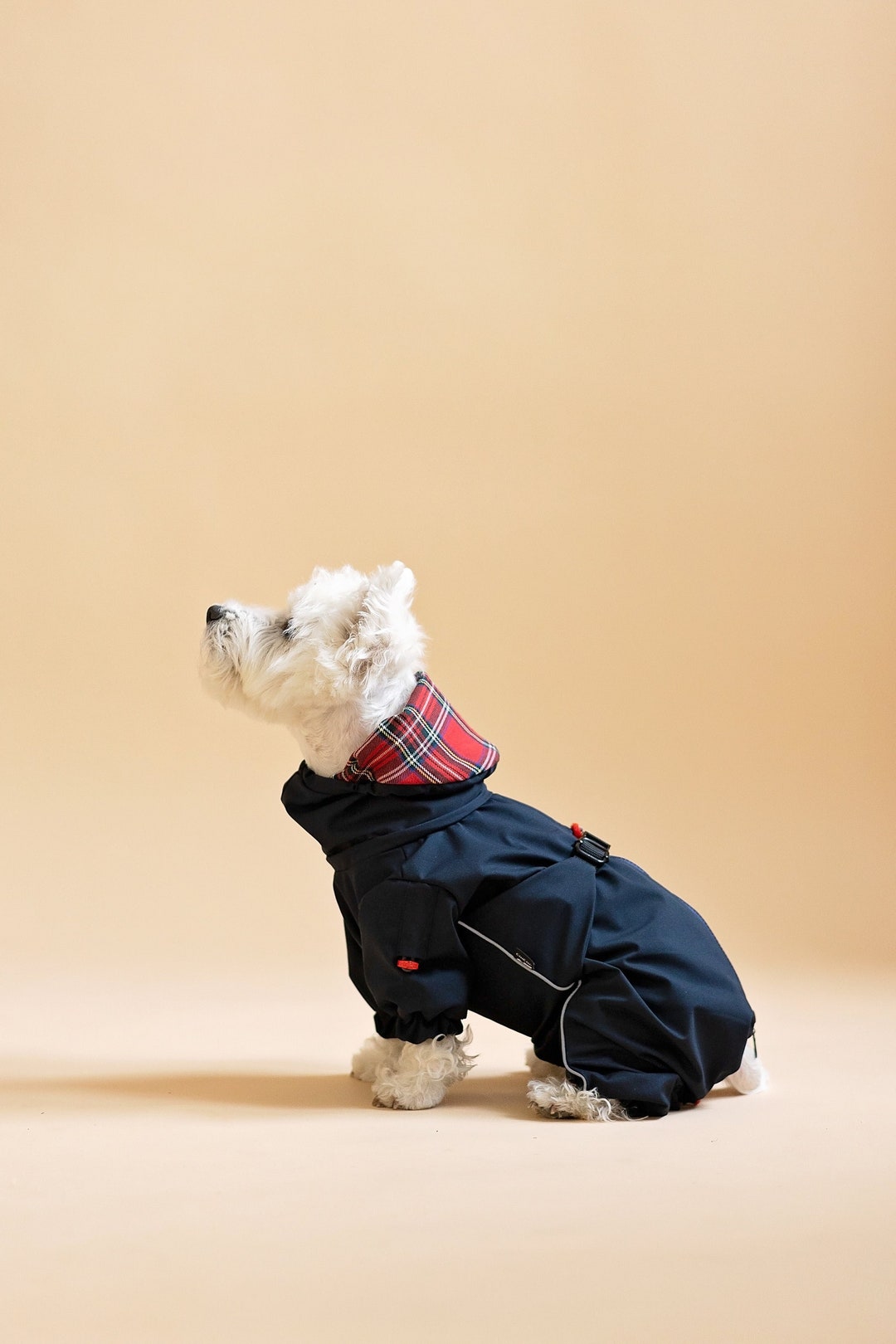 Waterproof Dog Overall With Buckle on Chest. Adjustable. Light Reflects. Red Plaid Inside Snood