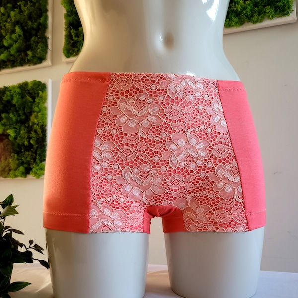 Shorty corail avec dentelle, Culotte garçonne coquine pour femme, Boxer couvrant, Culotte taille haute avec dentelle élastique rose