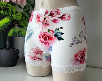 Womens Viscose Boxer Shorts with red flowers and white lace, soft waistband