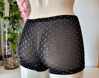 Black Tulle Boxer Briefs, Polka Dot Lingerie, Full Coverage Shorts
