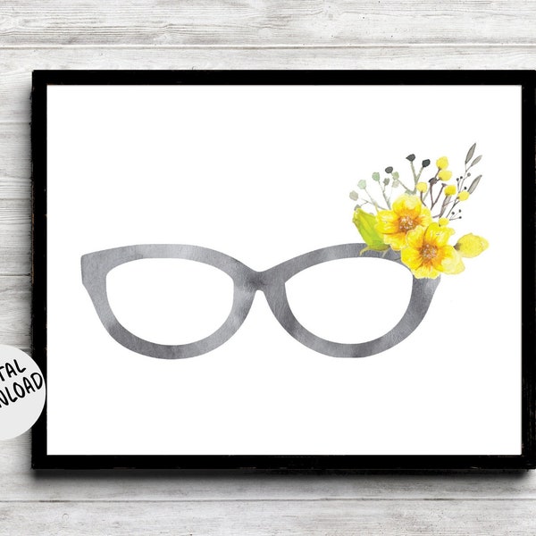 Art mural de lunettes aquarelle imprimable avec fleurs - décoration murale geekery - cadeau opticien / optométriste lunettes/lunettes