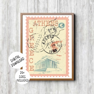 Druckbare Retro Athen Reise Poster für Teenager Mädchen Raum Dekor, Griechenland /Mittelmeer Post Briefmarke Wand Kunst, Reise Thema Kinderzimmer Baby Mädchen