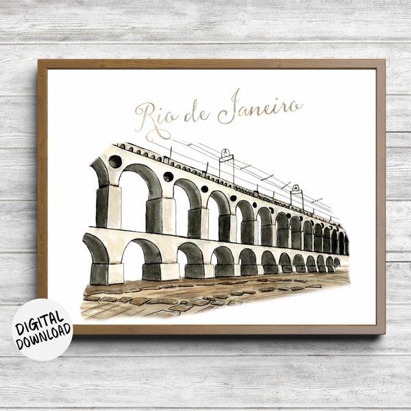 Rio De Janeiro, Brazil Printable Wall Decor - Carioca Aqueduct / Arcos Da Lapa Print - Famous Landmark Watercolor Art