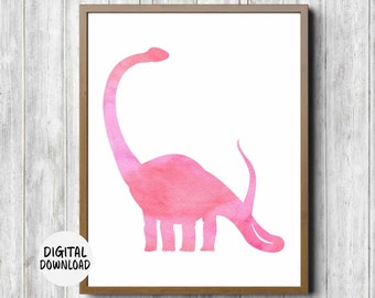 Printable Dinosaur Watercolor Nursery Poster - Brontosaurus Wall Art - Pink Girls Room Decor - Prehistoric Animal