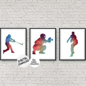 Baseball Printable 3 Piece Wall Art - Sport Theme Room Decor For Teen Boys Or Dorm Room - Baseball Coach Gift - Watercolor Sports Pictures