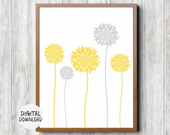 Instant Download - Dahlia Flower Printable Wall Art - Yellow & Gray - Office Wall Decor - Nursery Floral Art Print - Long Stemmed -