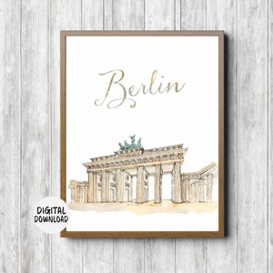 Berlin, Deutschland druckbare Kunst Poster - Brandenburger Tor - Aquarell Wahrzeichen / Monument Wandkunst - Reise-Wanddeko / Geschenk