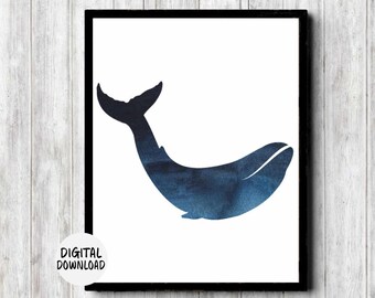 Instant Download - Watercolor Whale Silhouette Wall Decor - Sea Animal Poster - Sealife Art Print - Blue Whale Print Dark Blue