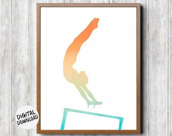 Printable Girl Gymnast On Uneven Bars Wall Art - Gymnastics Coach Gift - Nursery / Girls Room Decor