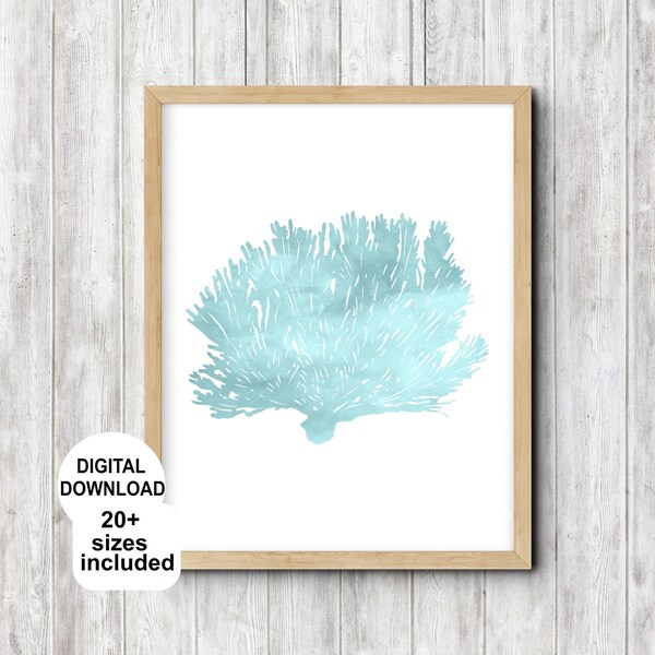 Watercolor sea weed coastal decor for Hamptons style beach house, Aqua sea life prints for baby nursery or bathroom, Ocean plant wall art