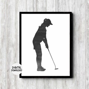 Printable Woman Golf Player Silhouette Wall Art - Watercolor Golf Office / Teen Room Wall Decor - Gift For Golfer - Putting Poster