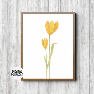 Yellow Watercolor Flower Printable Wall Art - Office /Nursery / Girls Room Wall Decor - Long Stem Flowers - Instant Download