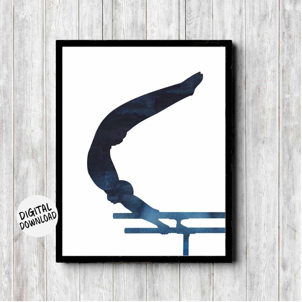 Men's Gymnastic Printable Art Gift - Boy Gymnastics Party Decor - Male Gymnast Silhouette On Parallel Bars