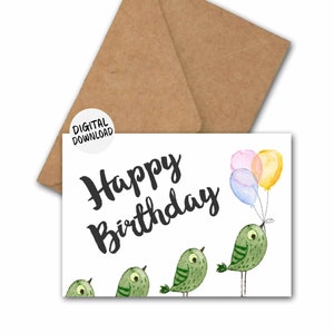 Carte d'anniversaire imprimable avec oiseaux verts originaux et ballons - Carte de voeux typographie joyeux anniversaire - Impression à la maison