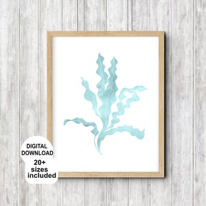 Decoración de la casa de playa con estampado de algas marinas en acuarela, arte costero de pastos marinos imprimible, arte de pared náutica de coral marino, arte de vida marina con temática oceánica