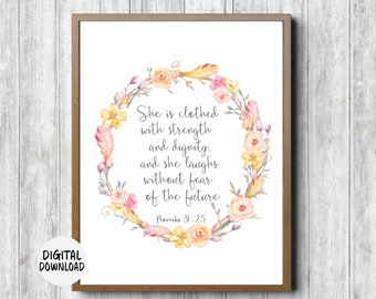 Proverbs 31 :25 Scripture Girls Room / Nursery Printable Wall Art - She Is Clothed In Strength & Dignity Bible Verse - Watercolor Wreath