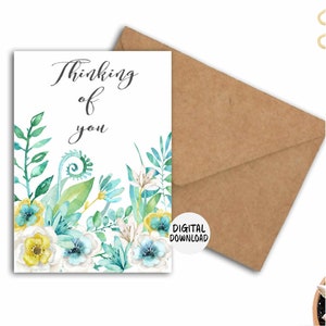 Cartão de felicitações pensando em você para ela/mulher - Flores em aquarela - Cartão de amizade para impressão - 5 x 7