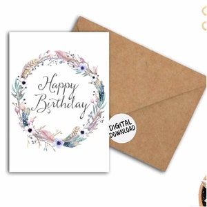 Printable Birthday Card - Watercolor Flowers /Feathers & Twigs Wreath - DIY Birthday Card 5 x 7