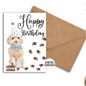 Geburtstagskarte für Cockapoo zum Ausdrucken - schrullige Karte für Hundebesitzer - Champagner / blondes Cockapoo mit Partyhut & Kuchen-Geburtstagswünschen