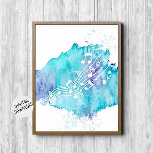 Op de afbeelding: Een digitale download van een aquarel schilderij met een blauwe en paarse abstracte achtergrond met witte muzieknoten.