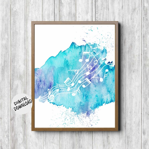 Printable Music Notes On Staff Wall Art -Gift For Musician / Music Teacher -Baby Shower / Nursery/ Office Decor - Watercolor Paint Splatter