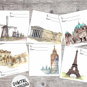 Etiquettes cadeaux imprimables emblématiques - Célèbres étiquettes aquarelles pour monuments - Cartes de voyage en Europe - Moulins à vent/Berlin/Turquie/Londres/Paris Eiffel
