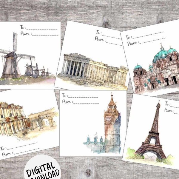 Printable Landmark Gift Tags - Famous Watercolor Monument Labels - Europe Travel Cards - Windmills / Berlin /Turkey /London /Paris Eiffel