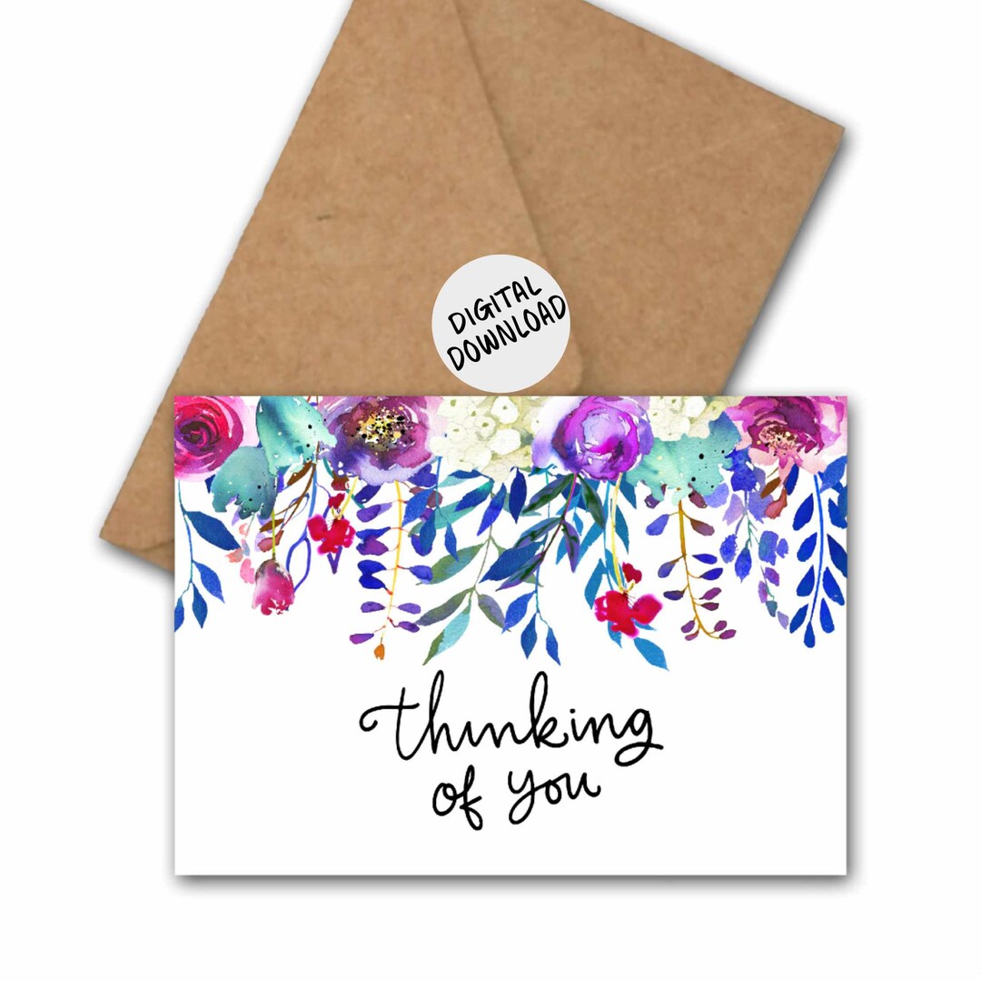 Printable Thinking of You Card With A Watercolor Floral Border - Bright ...