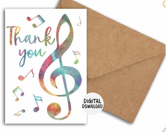 Tarjeta de agradecimiento imprimible con clave de sol y notas musicales para profesores de música/estudiantes de música - Tarjeta de agradecimiento para amantes de la música