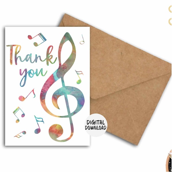 Printable Thank You Card With Treble Clef & Music Notes For Music Teacher /Music Student - Appreciation Card For Music Lover