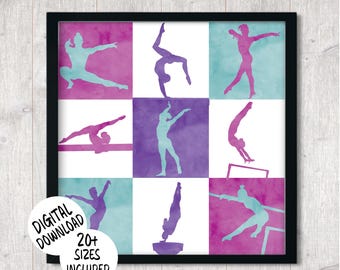 Gymnastics Wall Room Decor For Girls - Female Gymnasts Square Grid Design Poster - Colorful Watercolor Print For Nursery, Home or Dorm