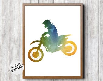 Printable Motocross Wall Decor - Watercolor Dirt Bike Boy Room Art - Motorbike Rider Poster