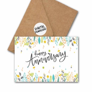 Happy Anniversary Card For / Friends /Wife / Parents / Couple - Simple Floral Printable Anniversary Wishes Card 5 x 7