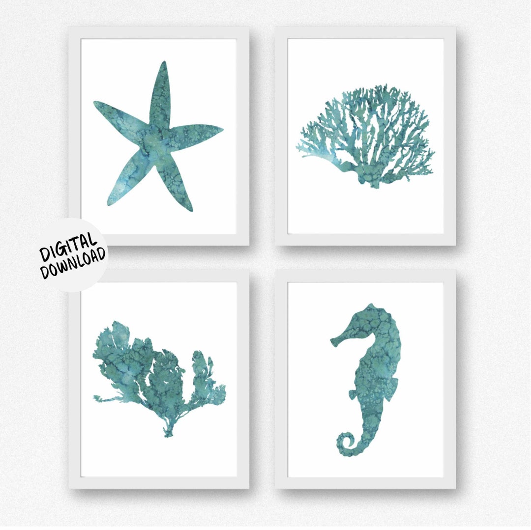 Sea Life Set of 4 Prints printable Watercolor Seahorse /starfish /sea Coral / Seaweed Wall Art ...