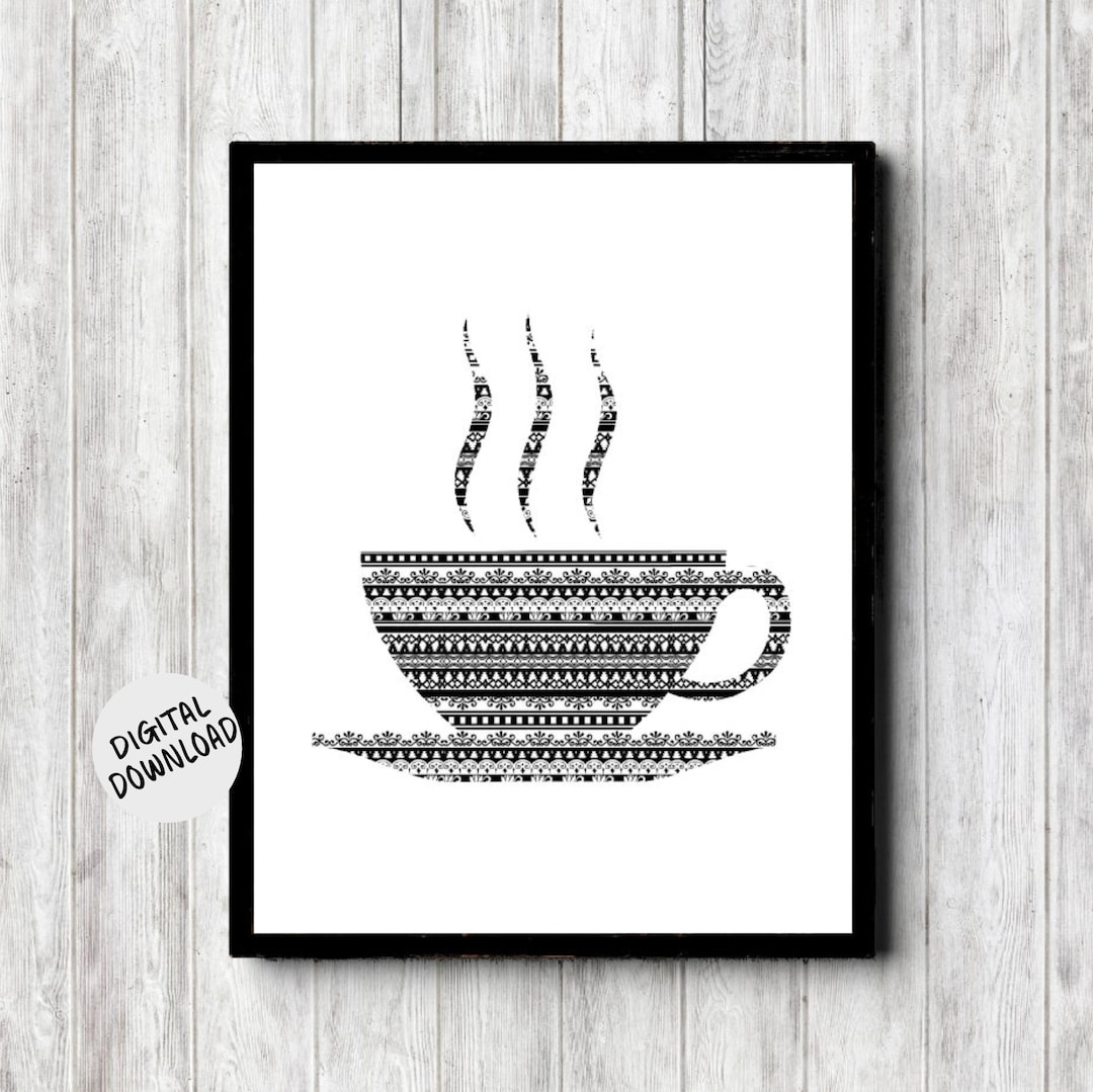 Cup and Saucer Printable Kitchen Wall Art - Tea Cup Wall Decor - Black ...